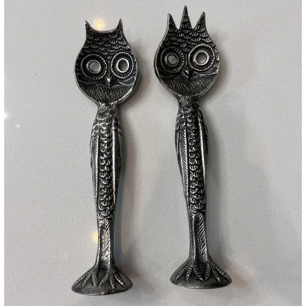 Retired Pottery Barn Metal Owl Salad Serving Utensils Pair‎ RARE